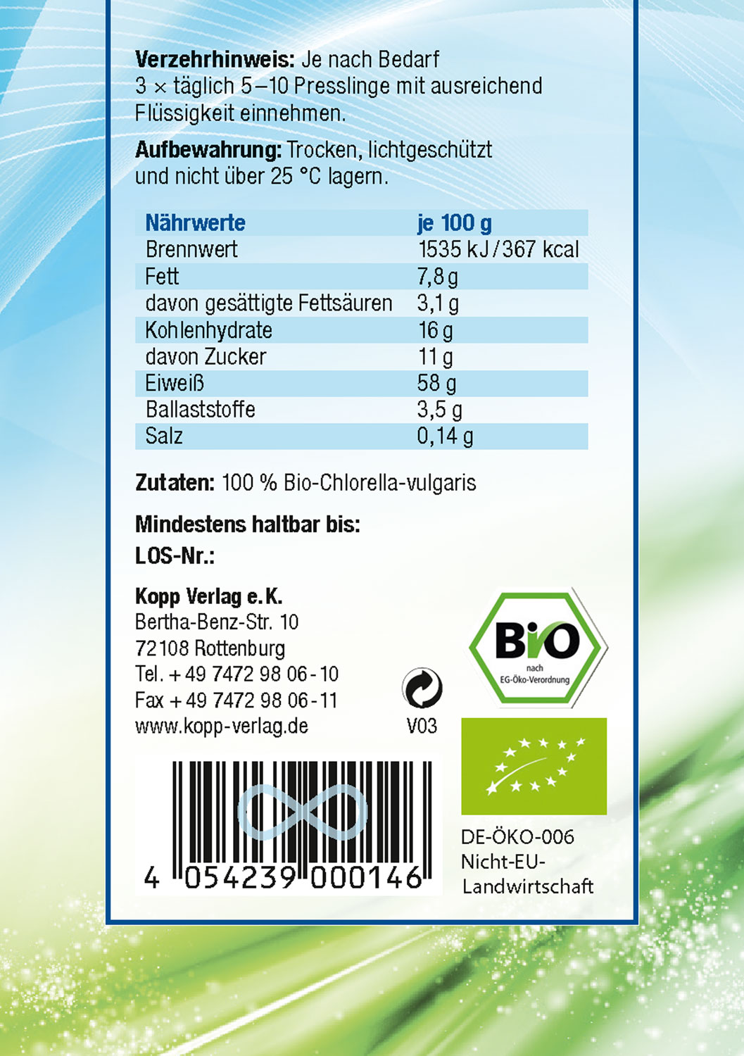 Kopp Vital   Bio-Chlorella / 500 Presslinge / vegan / Premium Bio-Qualitt / Swasseralge / kologische Aquakultur02