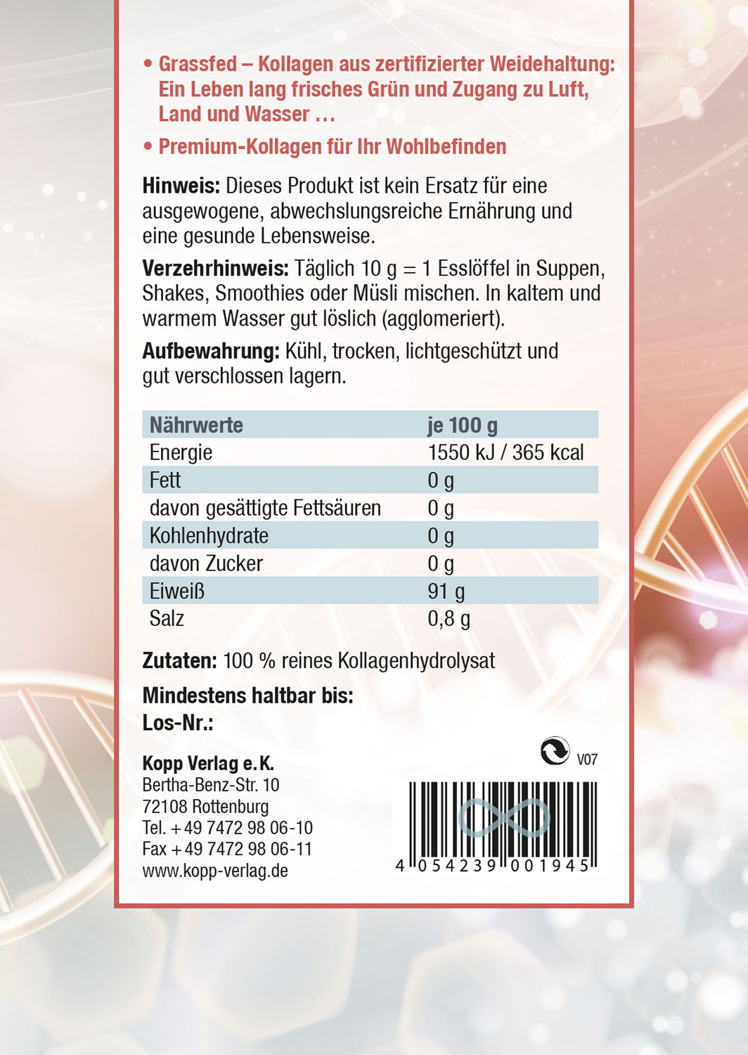 Kopp Vital   Kollagen Pulver / 500 g / zertifizierte Weidehaltung / Kollagenhydrolysat / Kollagenpeptid / 91% Eiweige02