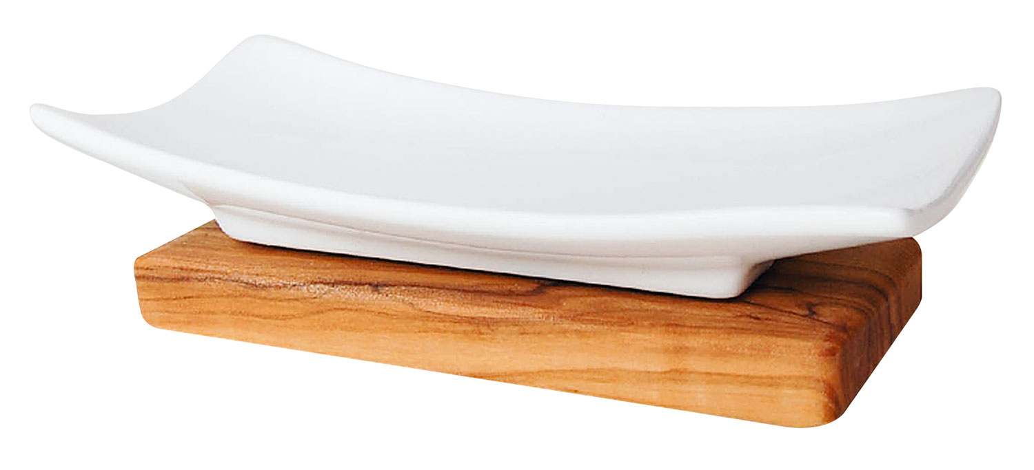 Seifenablage aus Porzellan auf Olivenholzfu - Wie neu