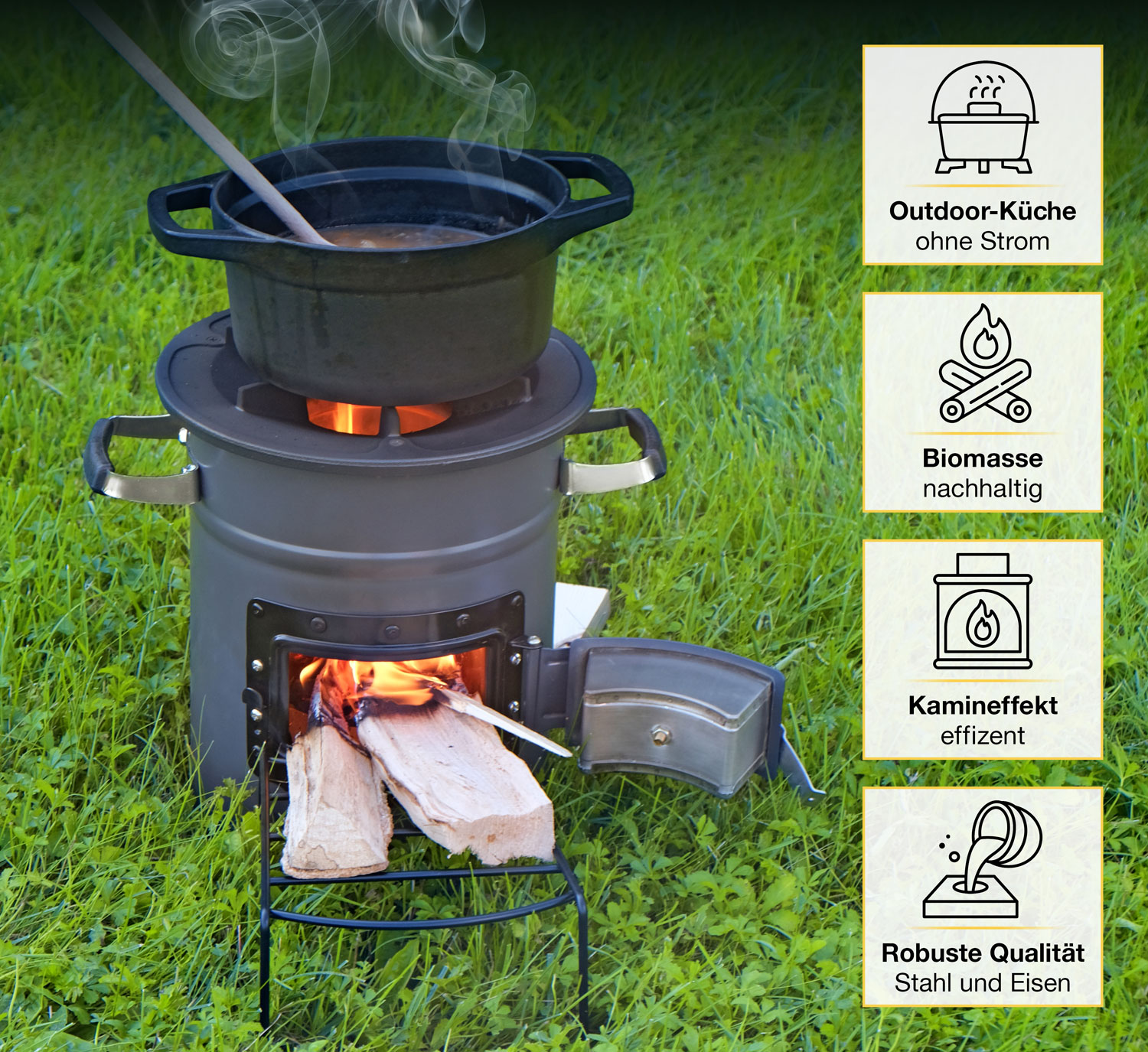 Raketenofen fr Dutch Oven, Gusspfanne, Gusstopf oder Grill / mit Gusseiserner Kochplatte02