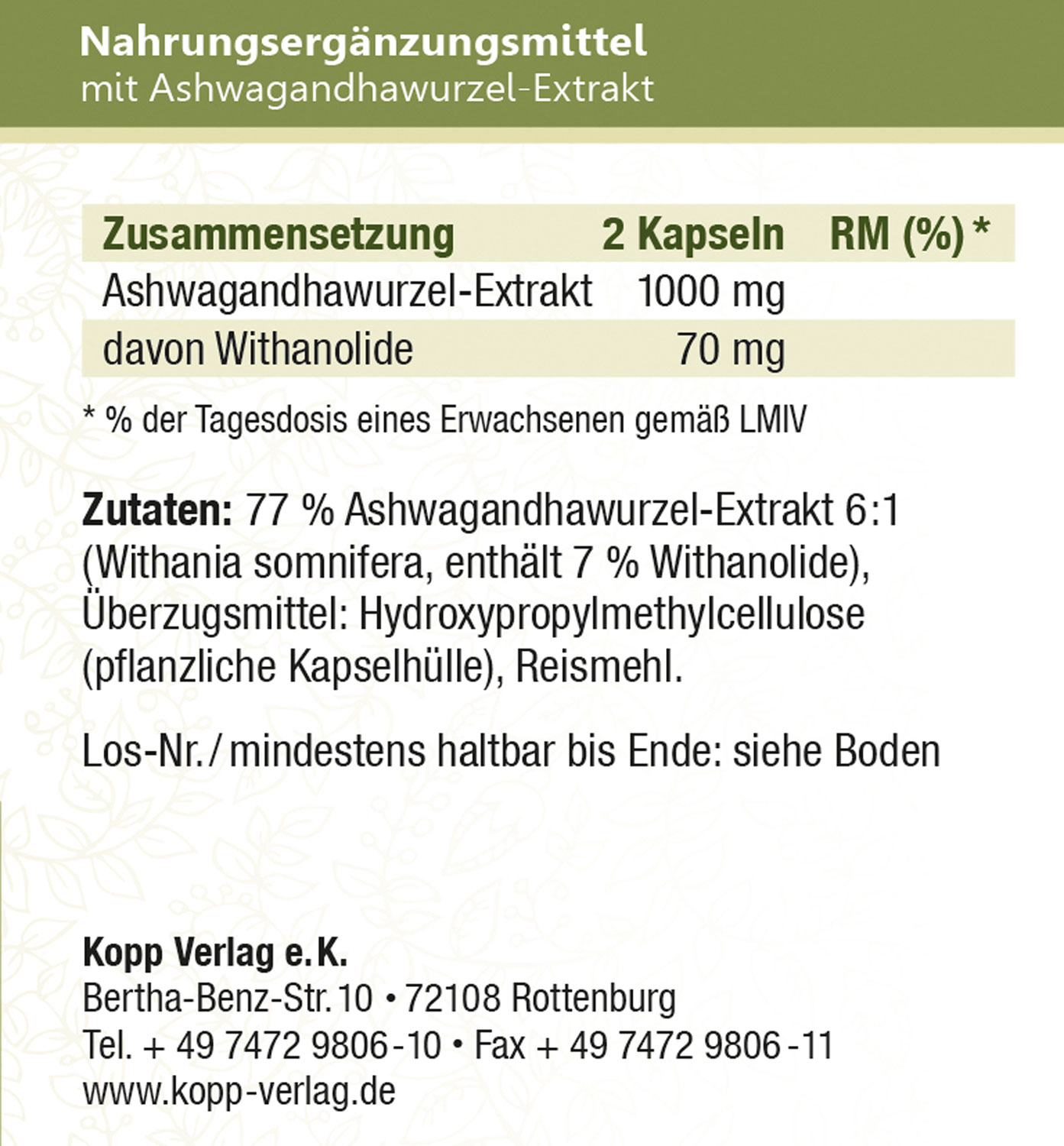 Kopp Vital   Adaptogen Ashwagandha (Schlafbeere) / 500 mg / 150 Kapseln02