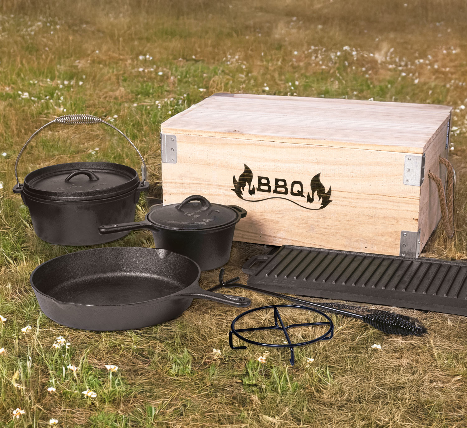 Dutch-Oven-Set 7-teilig / Gusseisen in Premiumqualitt / mit Transportkiste