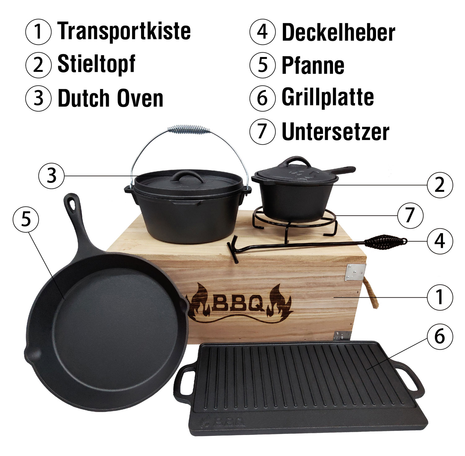 Dutch-Oven-Set 7-teilig / Gusseisen in Premiumqualitt / mit Transportkiste01
