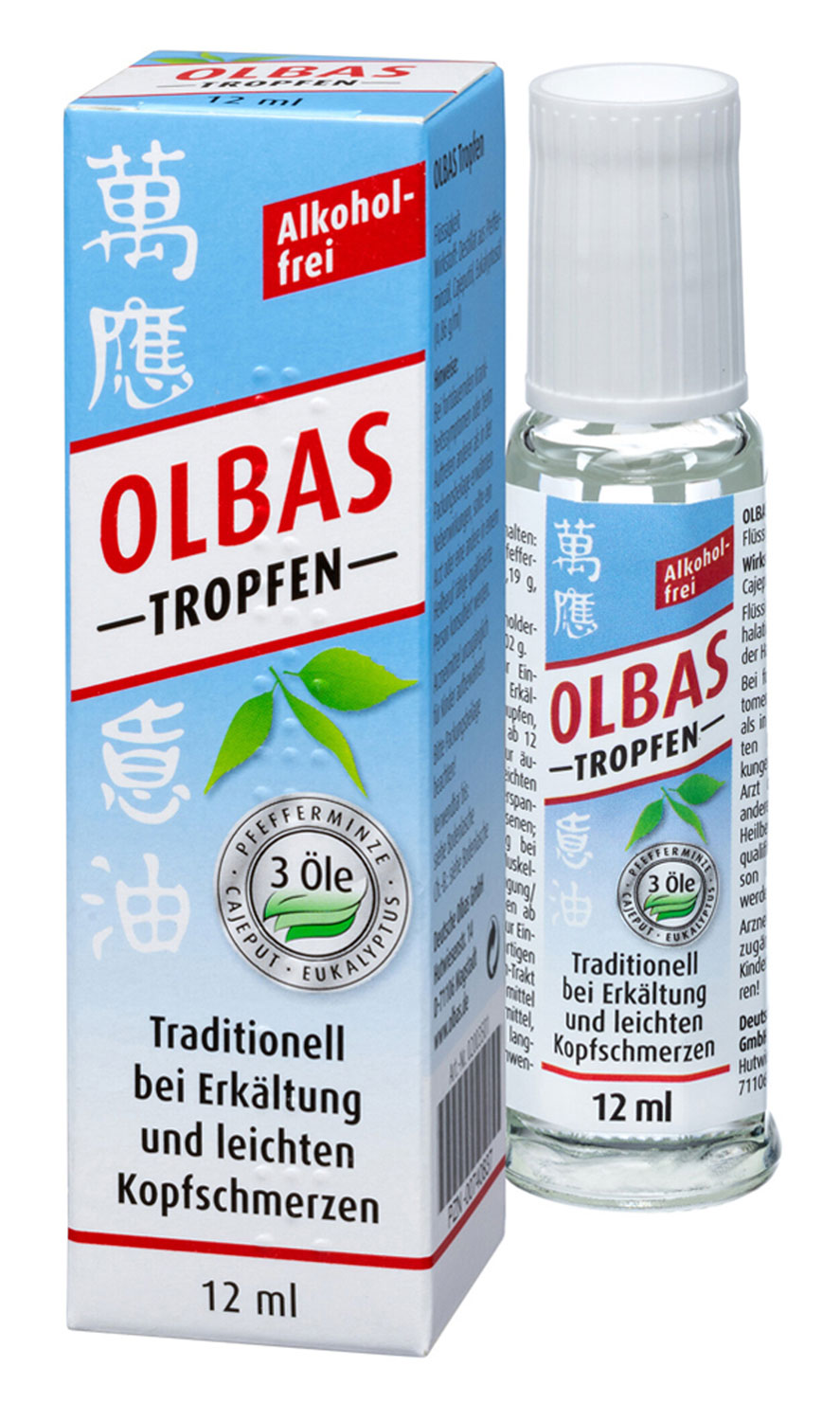 OLBAS Tropfen 12 ml - Wirkstoffe: Pfefferminzl, Cajeputl, Eukalyptusl