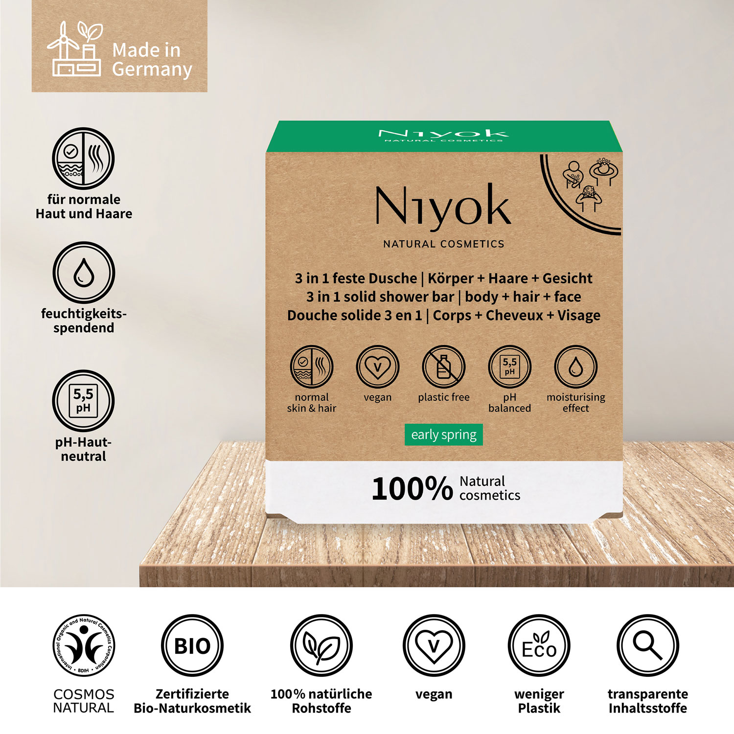  Niyok 3 in 1 feste Dusche 80 g Krper + Haare + Gesicht - Early Spring 01