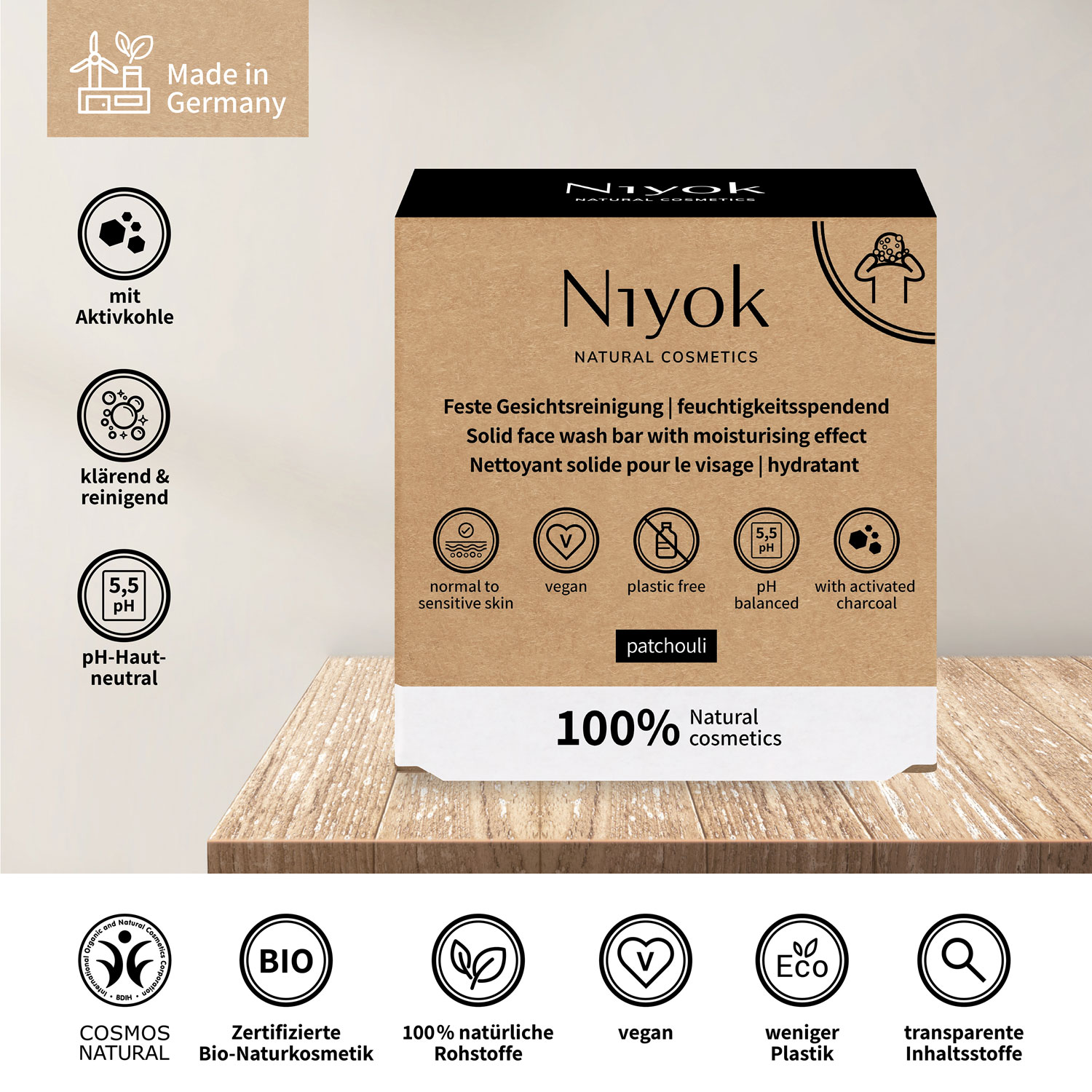  Niyok feste Gesichtsreinigung Patchouli - 80 g 01