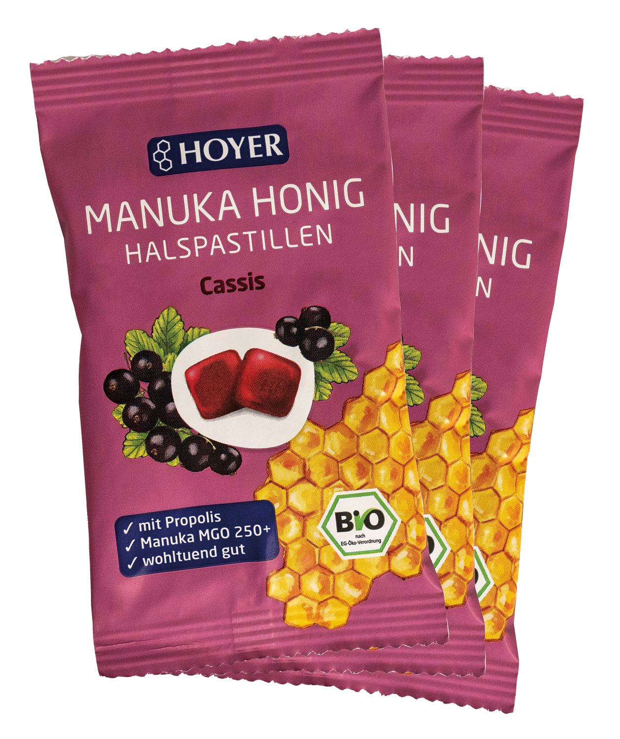 3er-Pack Bio-Manuka-Honig Halspastillen Cassis