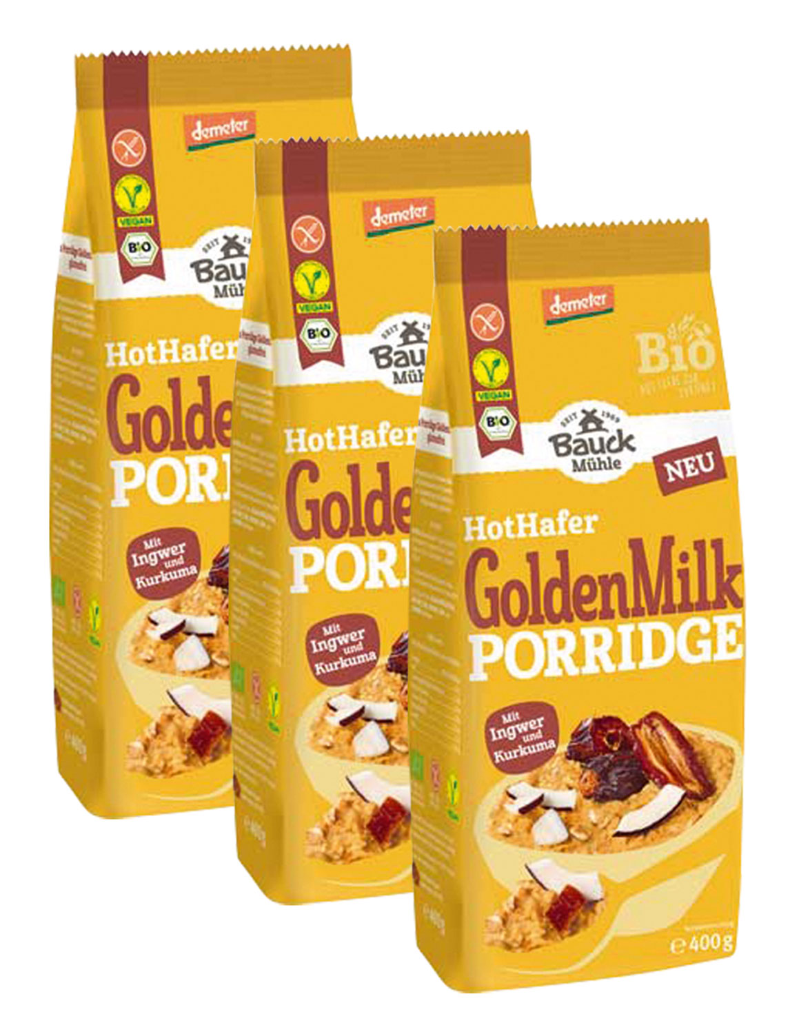 3er-Pack Bauck Mhle Porridge Hot-Hafer Golden Milk Bio