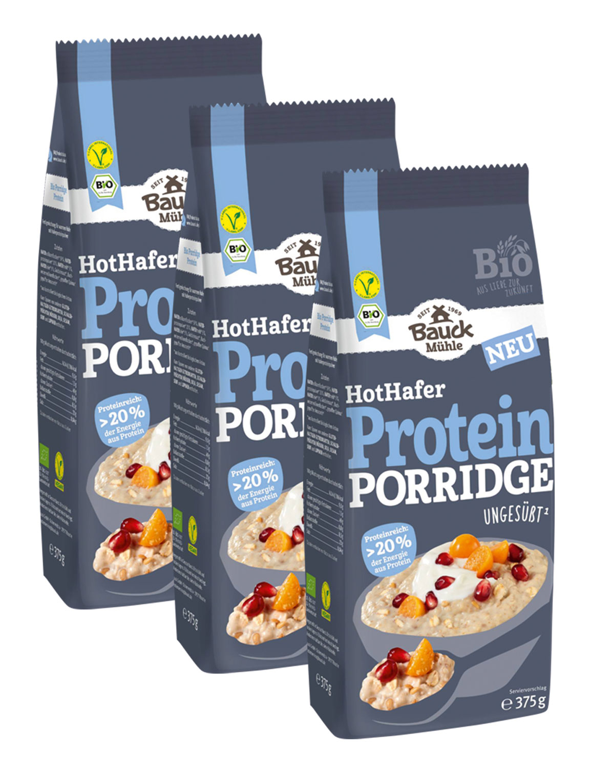 3er-Pack Bauck Mhle Porridge Hot-Hafer Protein Bio