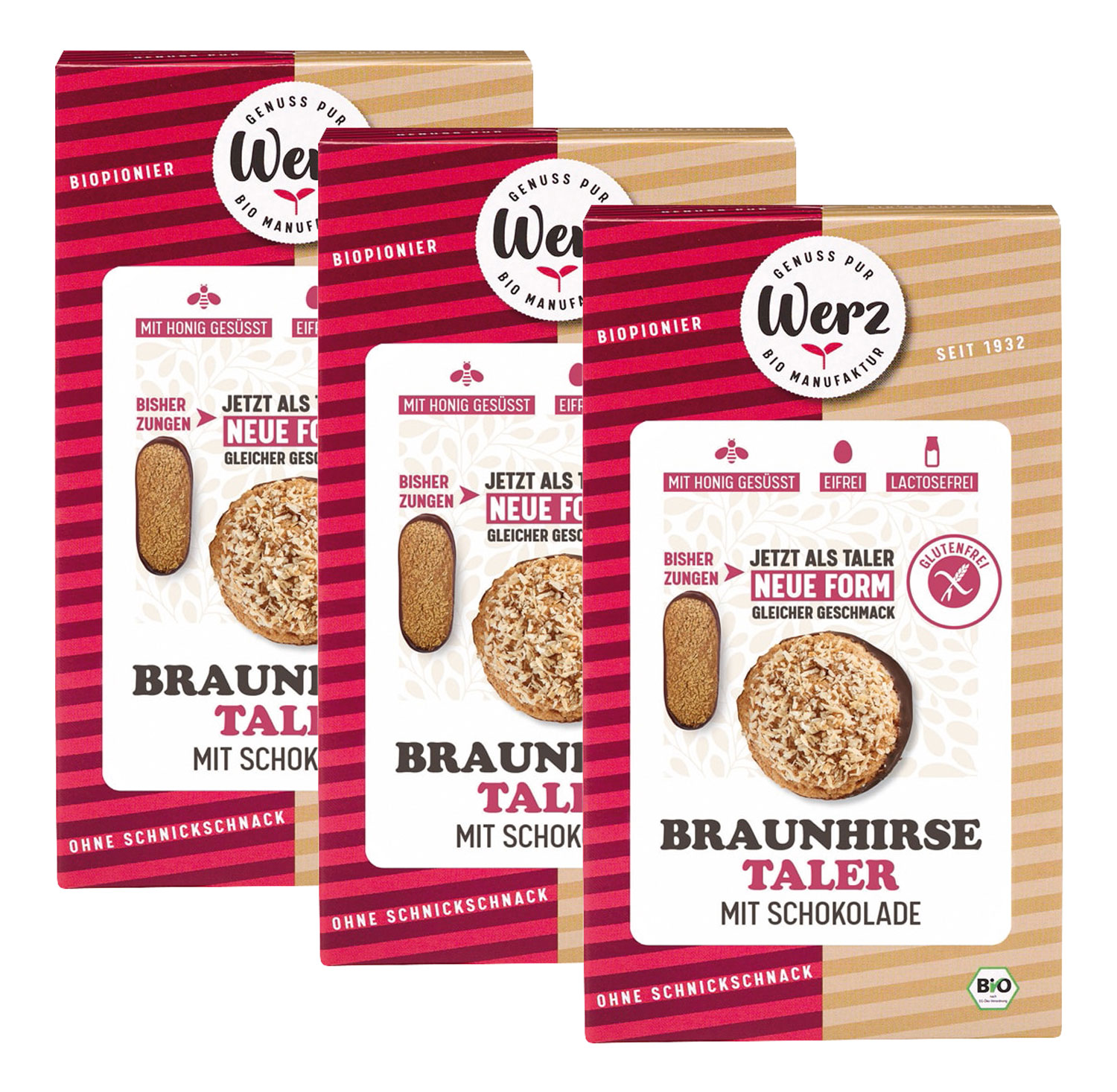 3er-Pack Werz Braunhirsetaler mit Schokolade