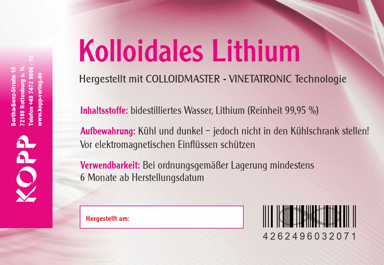 Kolloidales Lithium - Konzentration 100 ppm / 1 mg Lithium je 10 ml / hochrein02