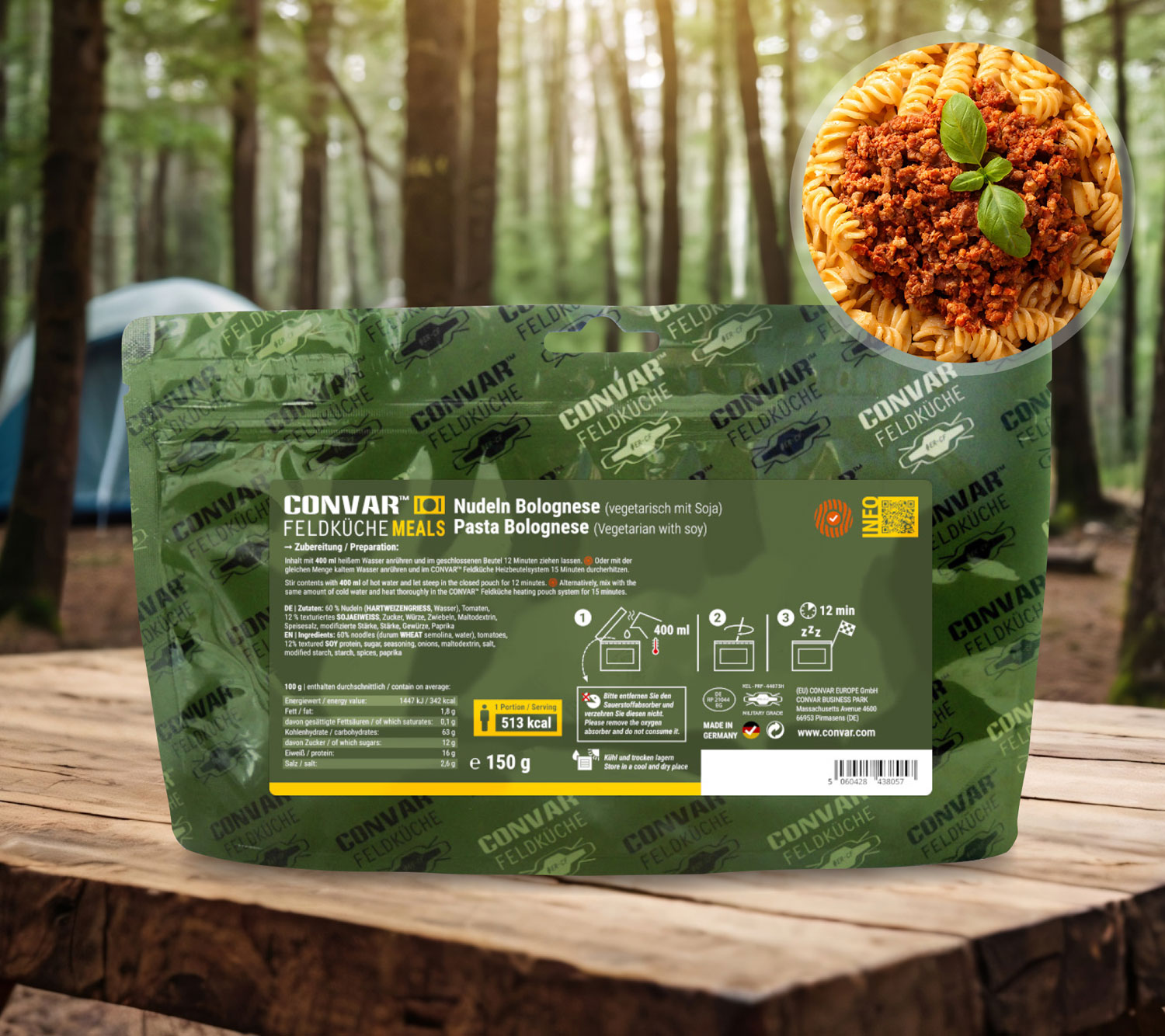  Convar Feldkche Nudeln Bolognese - vegetarisch mit Soja  