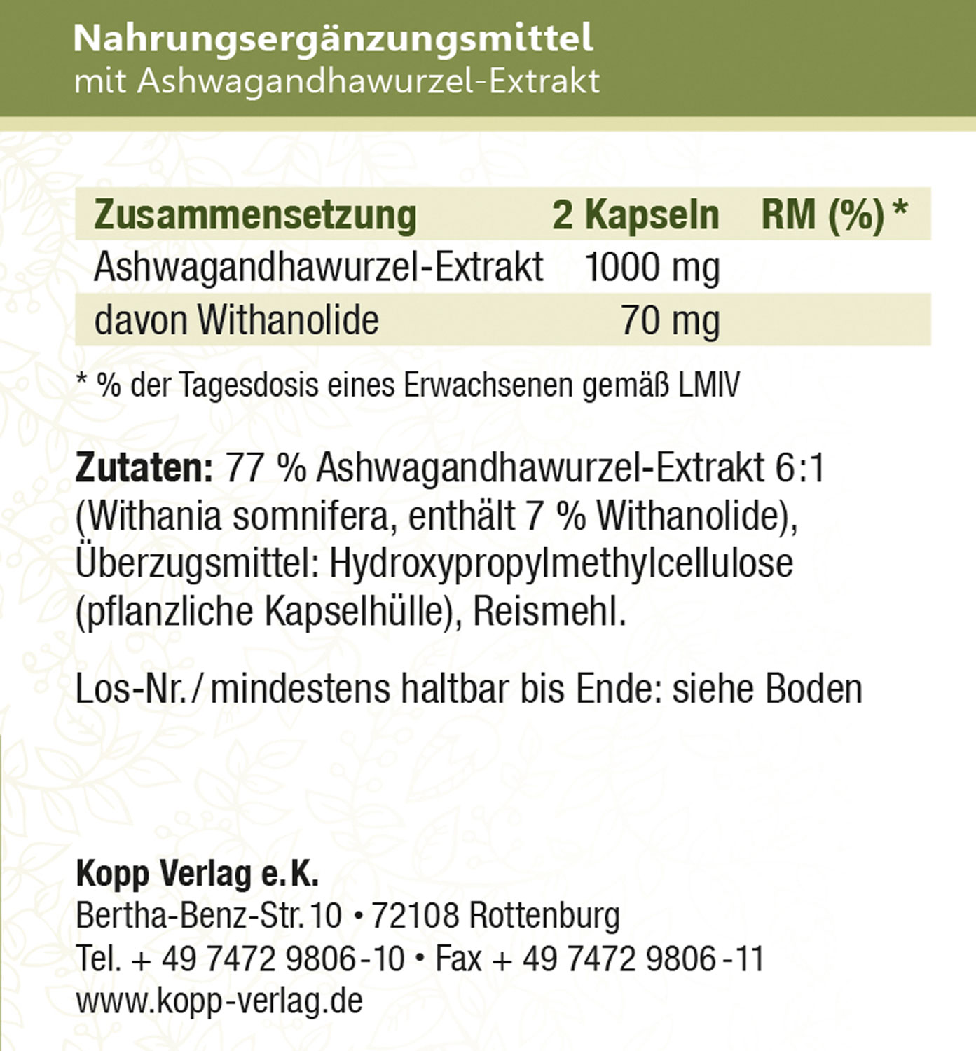 Kopp Vital   Adaptogen Ashwagandha (Schlafbeere) / 500 mg / 150 Kapseln02
