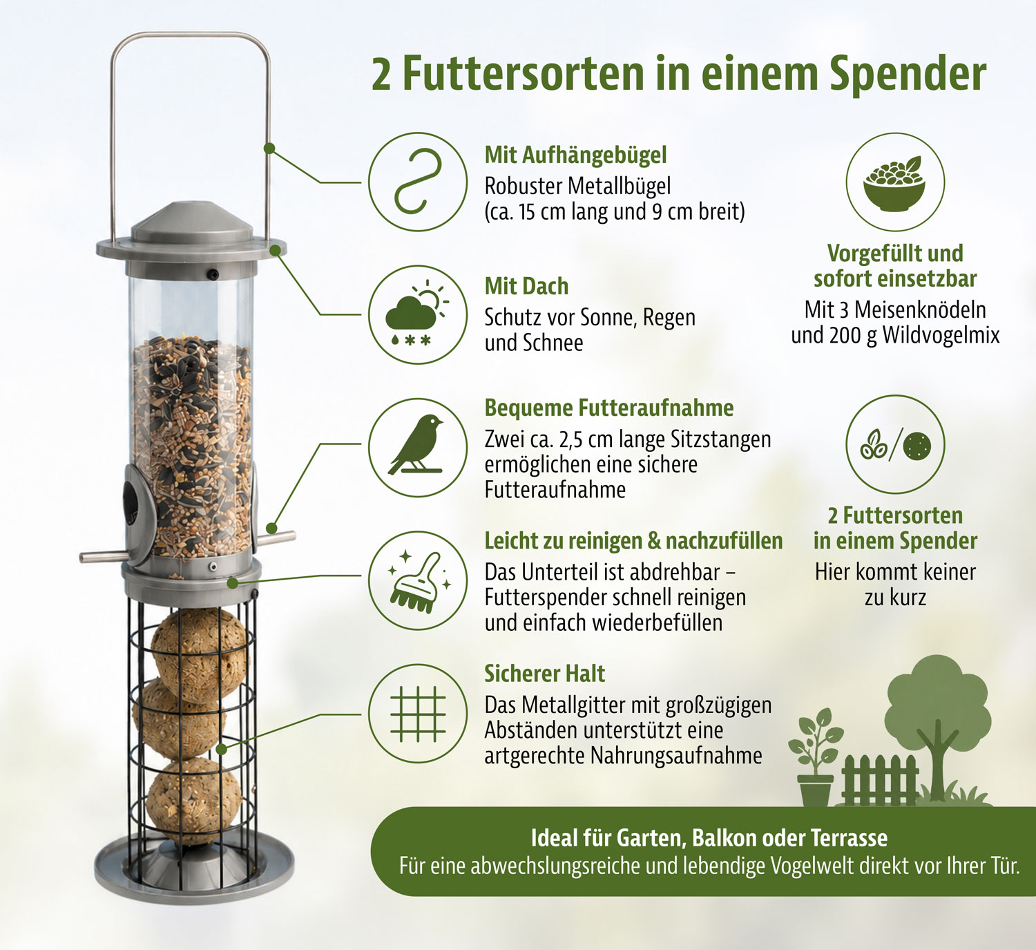 Doppel-Futterspender mit 3 Meisenkn�deln und Saaten, vorgef�llt01