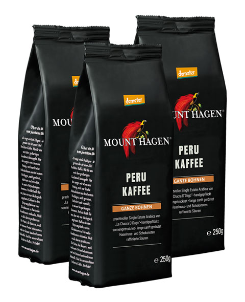 3er-Pack Mount Hagen Demeter Röstkaffee »Peru« ganze Bohne