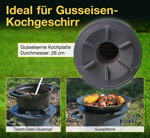 Raketenofen für Dutch Oven, Gusspfanne, Gusstopf oder Grill / mit Gusseiserner Kochplatte03