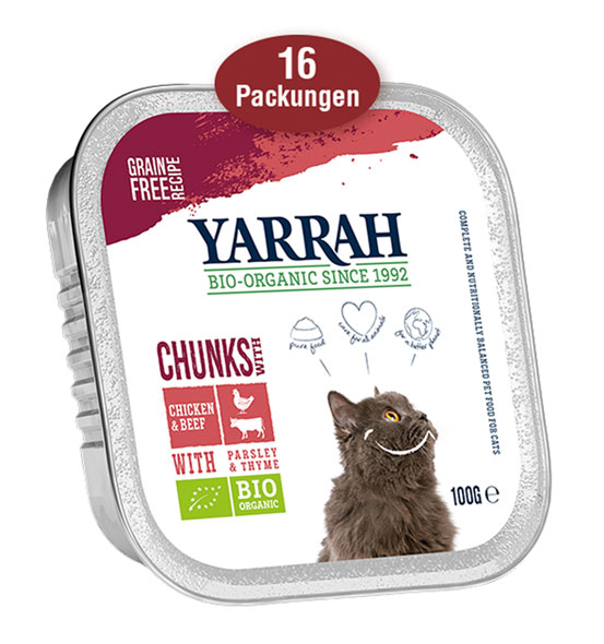 16er-Pack Yarrah Bio-Bröckchen mit Huhn & Rind für Katzen