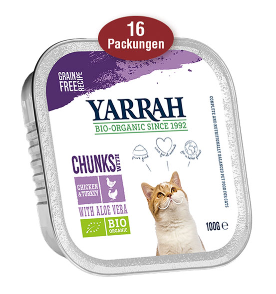 16er-Pack Yarrah Bio-Bröckchen mit Huhn & Truthahn für Katzen