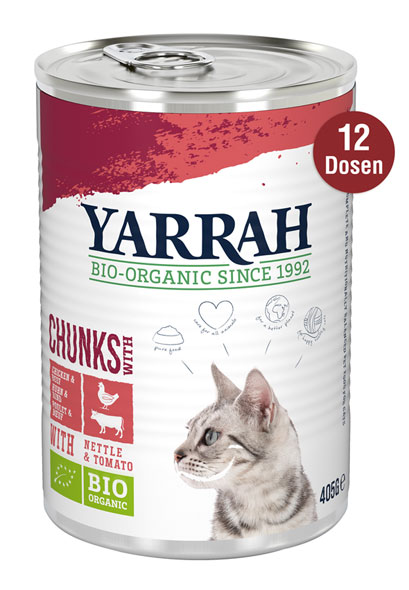 12er-Pack Yarrah Bio-Bröckchen mit Huhn & Rind für Katzen