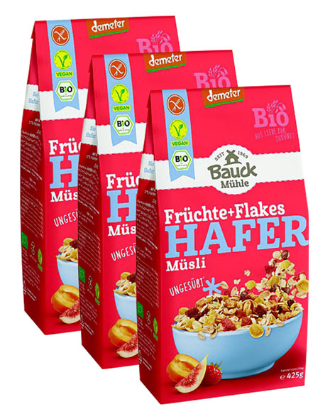  3er-Pack Bauckhof Frchte- und Flakes-Hafer-Msli – glutenfrei & Demeter