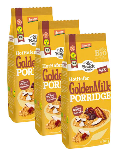 3er-Pack Bauckhof Porridge Hot-Hafer- Golden Milk glutenfrei & Demeter