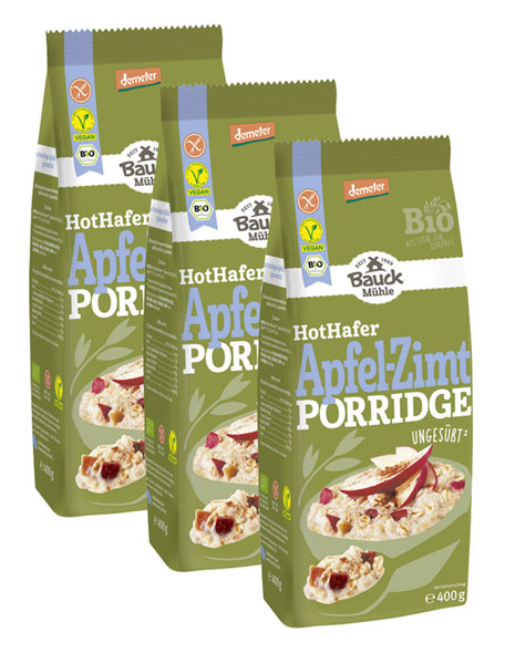 3er-Pack Bauckhof Porridge Hot-Hafer Apfel-Zimt glutenfrei & Demeter