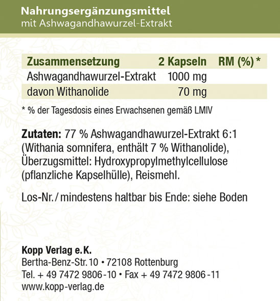 Kopp Vital   Adaptogen Ashwagandha (Schlafbeere) / 500 mg / 150 Kapseln02