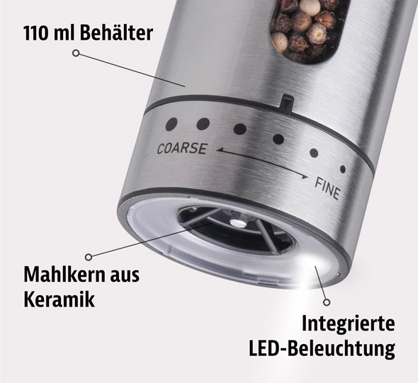 2er-Set Elektrische Edelstahl-Gew�rzm�hlen mit LED03