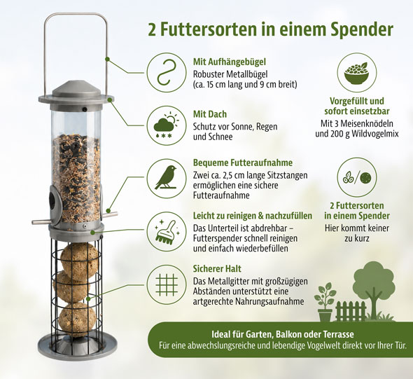 Doppel-Futterspender mit 3 Meisenkn�deln und Saaten, vorgef�llt01