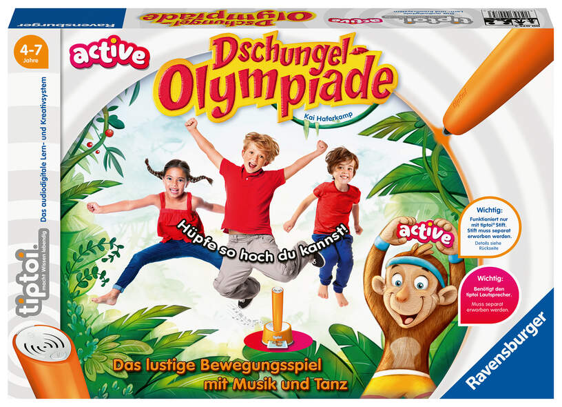 Ravensburger tiptoi® ACTIVE Spiel 00075, Dschungel-Olympiade, Bewegungsspiel ab 4 Jahre für 1-6 Spieler